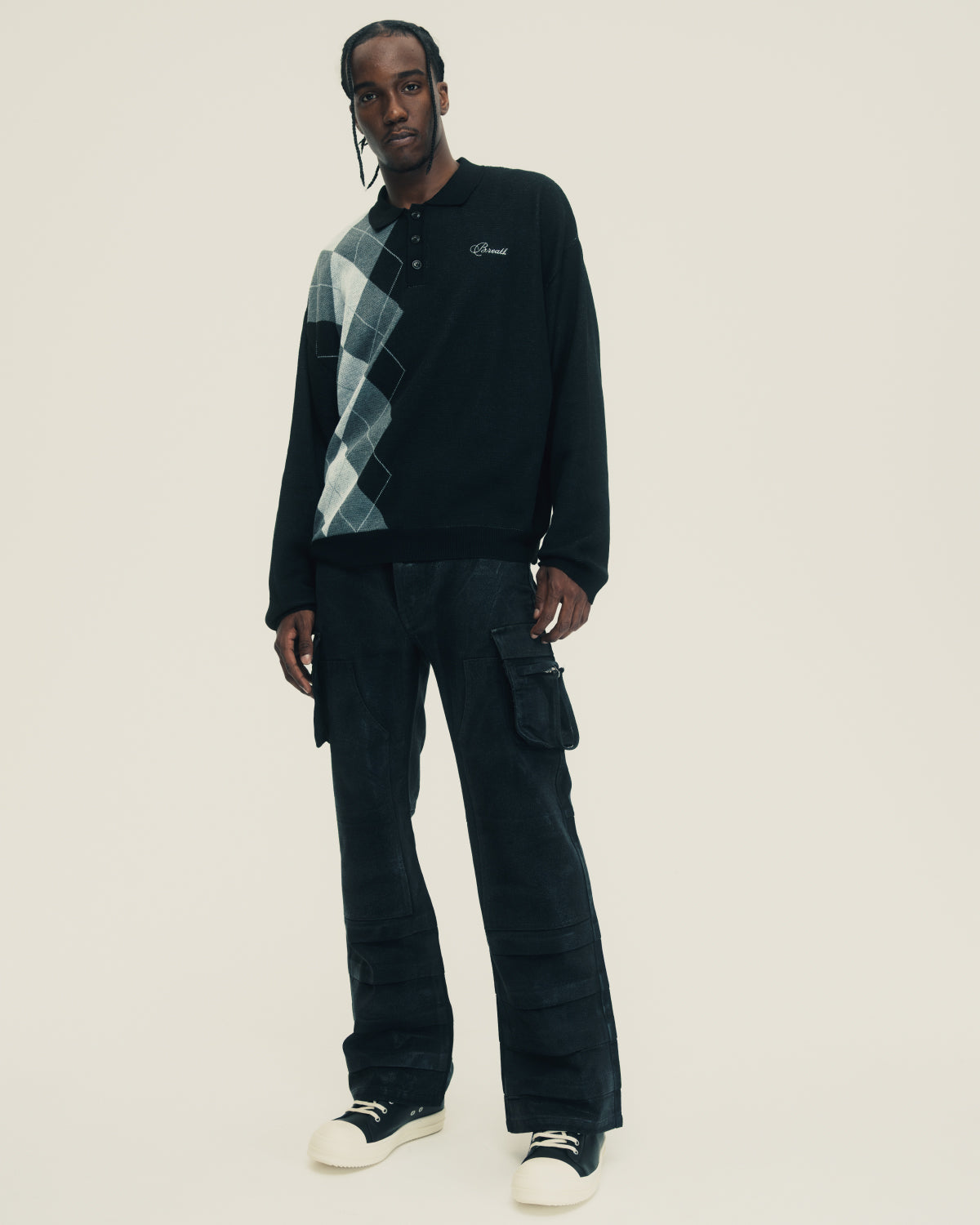 ARGYLE KNIT POLO / BLACK – BREATH - サイズ 着丈 身幅 肩幅 袖丈 M