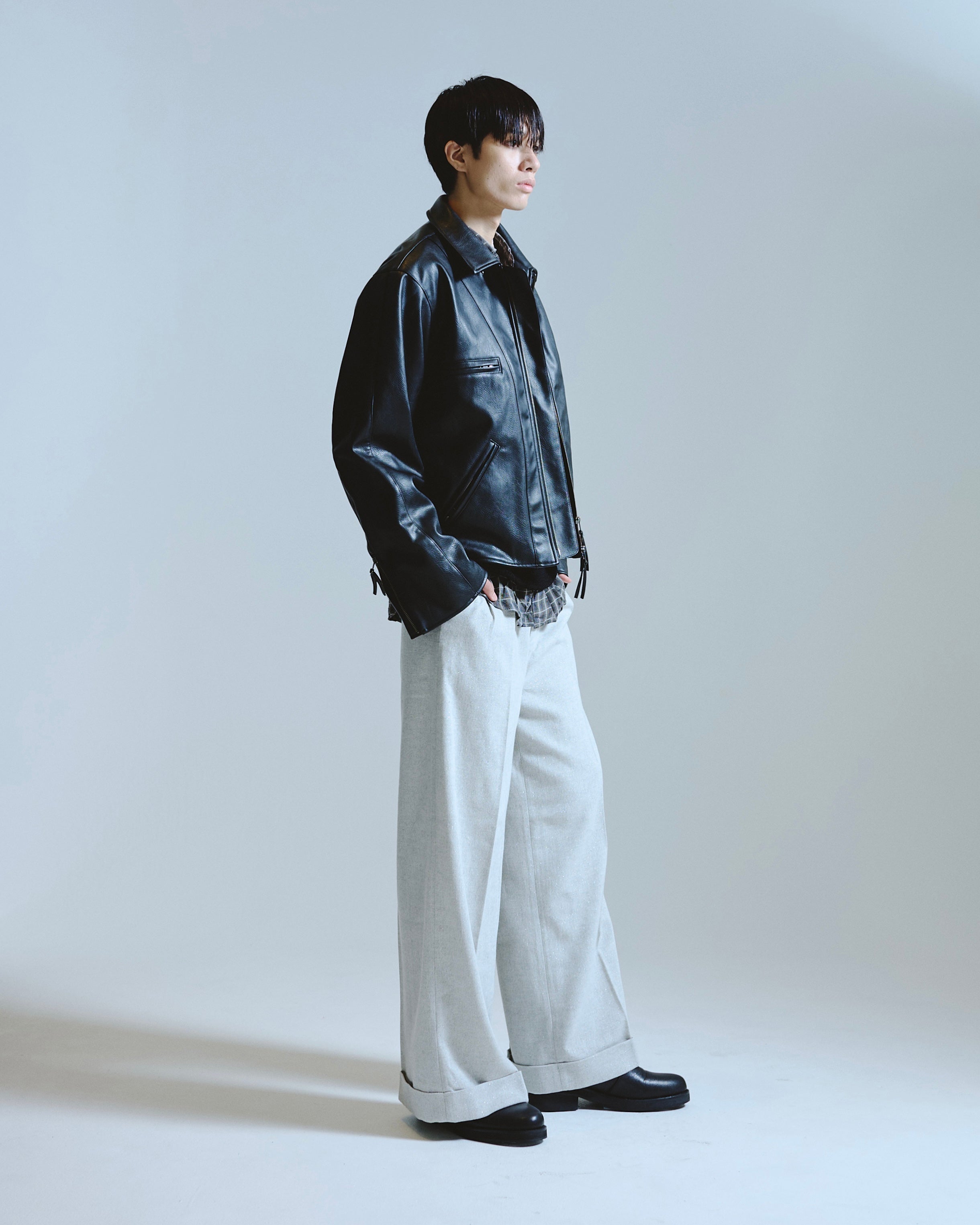 2TUCK WIDE BAGGY FLARE SLACKS - RAME TWEED – CAMPHOR WOOD