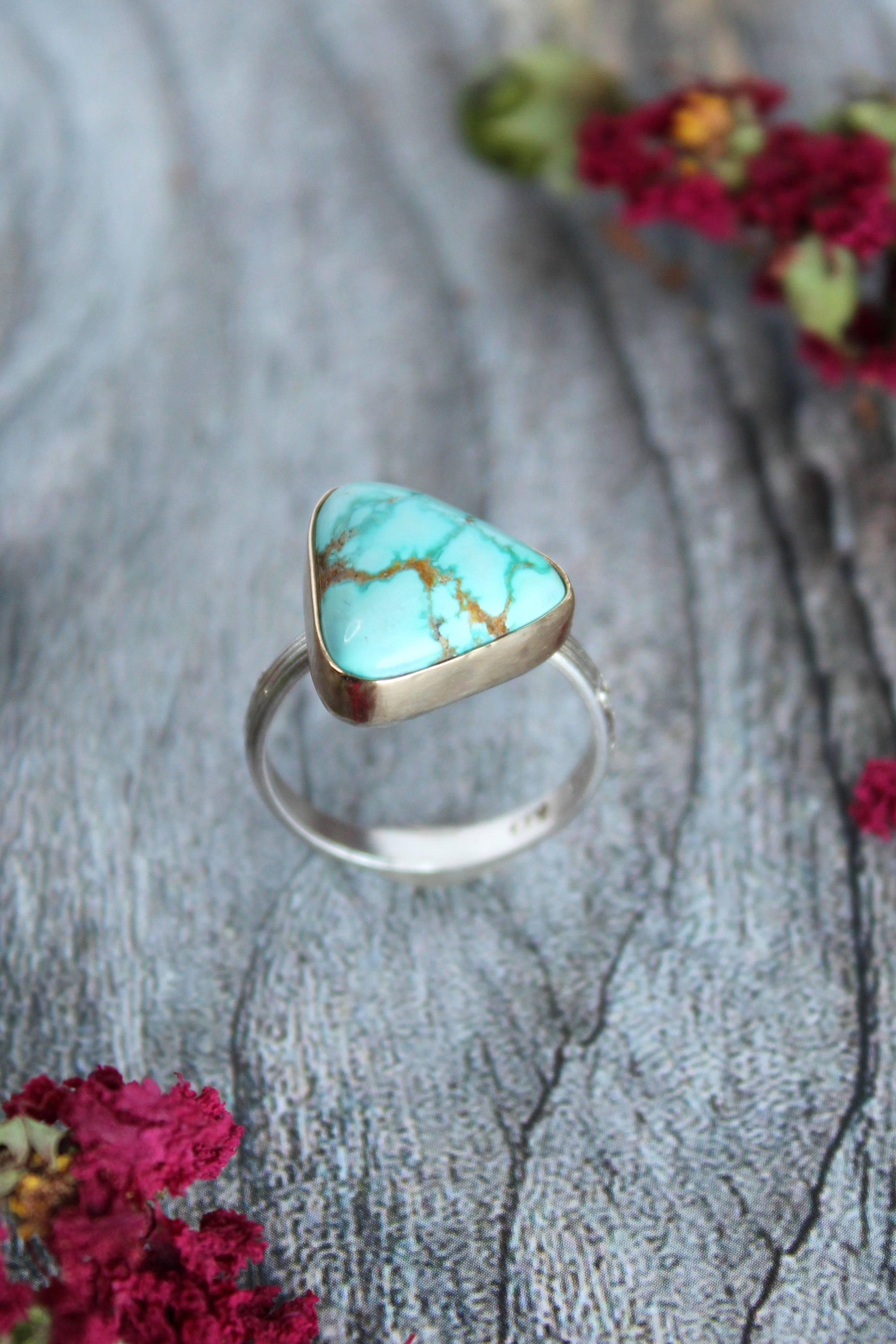 Turquoise Triangle Sterling Silver and 14k Gold Ring, Size 7