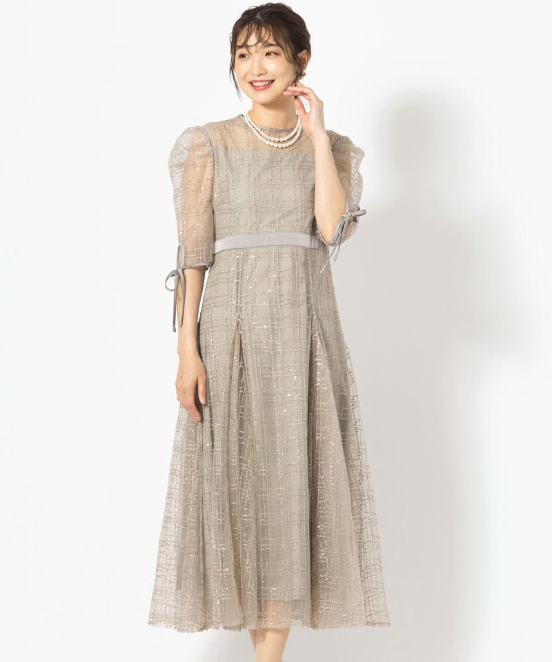 Leja 【A】レジャ チェックスパンコールリボンワンピースドレス グレー