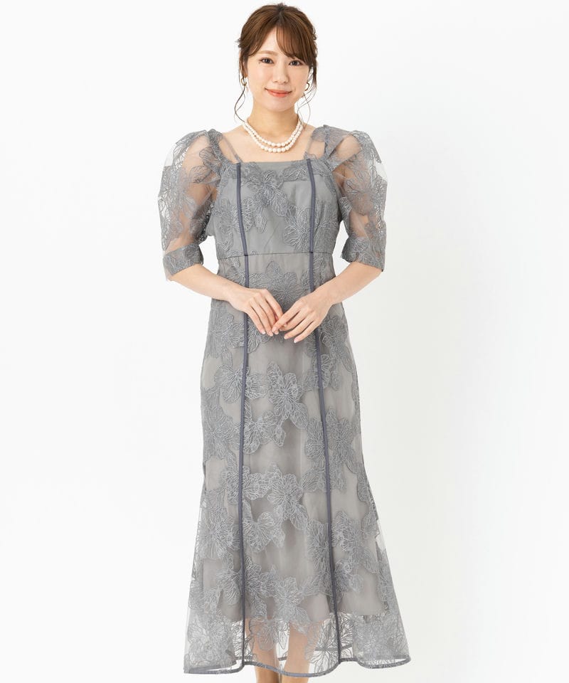 Leja 【A】レジャ チェックスパンコールリボンワンピースドレス グレー