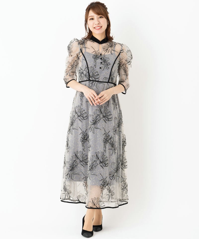 Leja レジャ 配色パイピングプチハイネック花柄刺繍ドレス グレー系