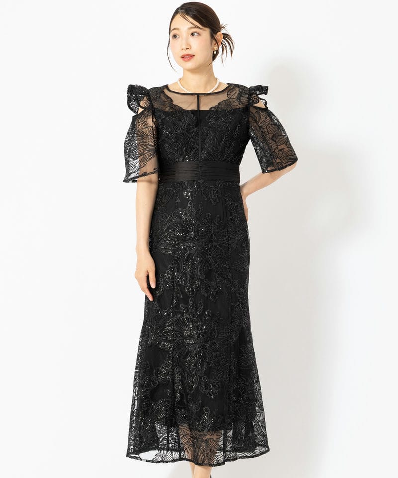 Leja レジャ フラワーレースシアーフリルマーメイドドレス ブラック系