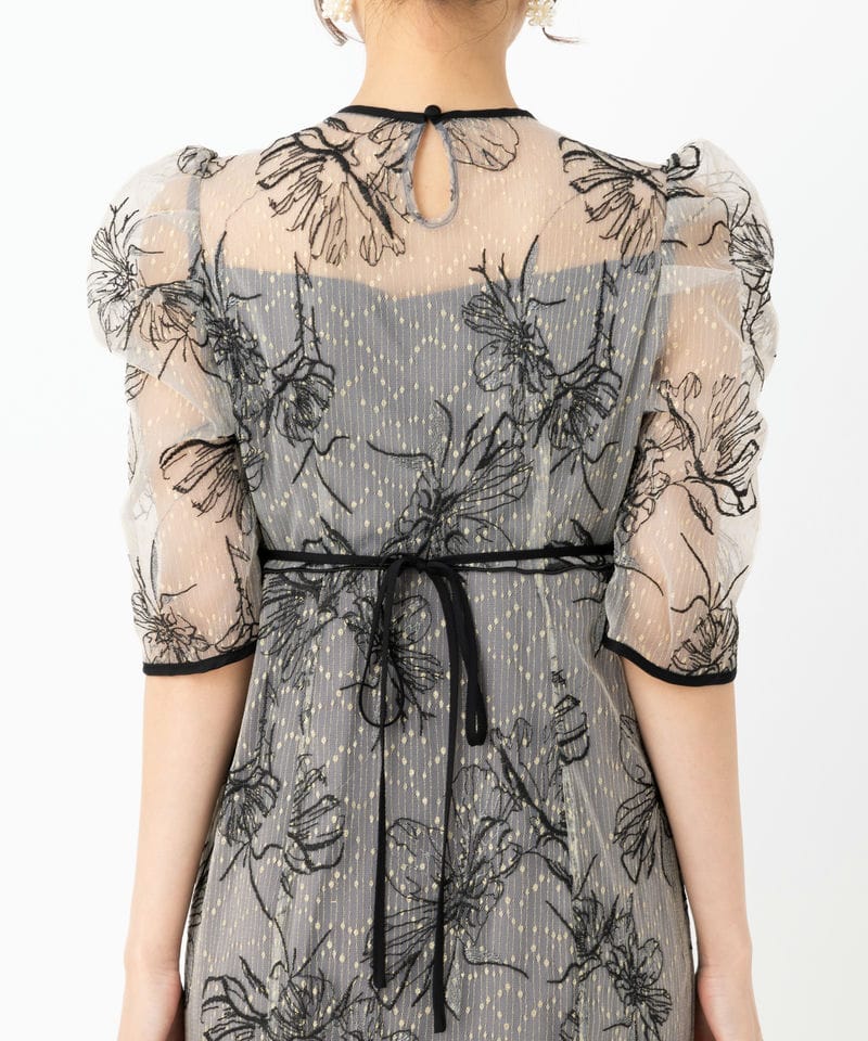 Leja レジャ 花柄刺繍レースフロントバックリボンパフスリーブドレス