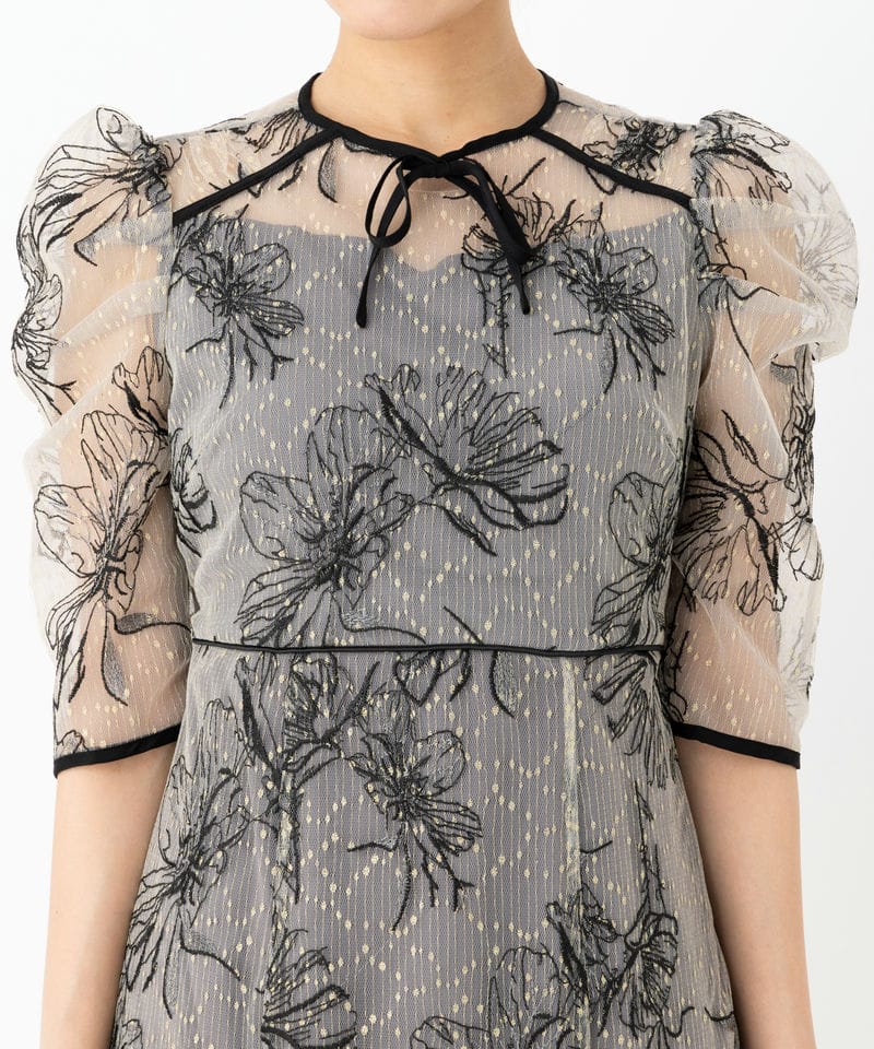 Leja レジャ 花柄刺繍レースフロントバックリボンパフスリーブドレス