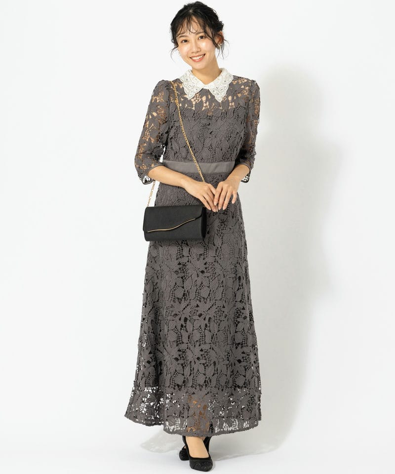 Leja レジャ 花柄レースビジューカラーAラインドレス グレー系 | 結婚