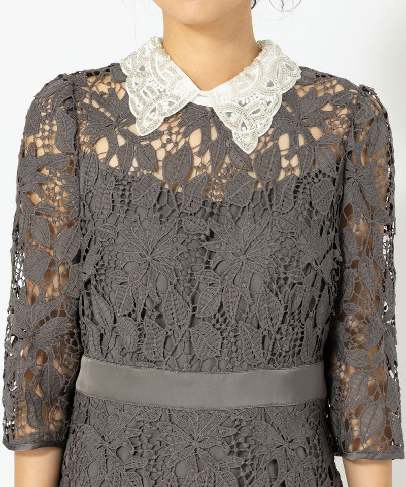 Leja レジャ 花柄レースビジューカラーAラインドレス グレー系 | 結婚