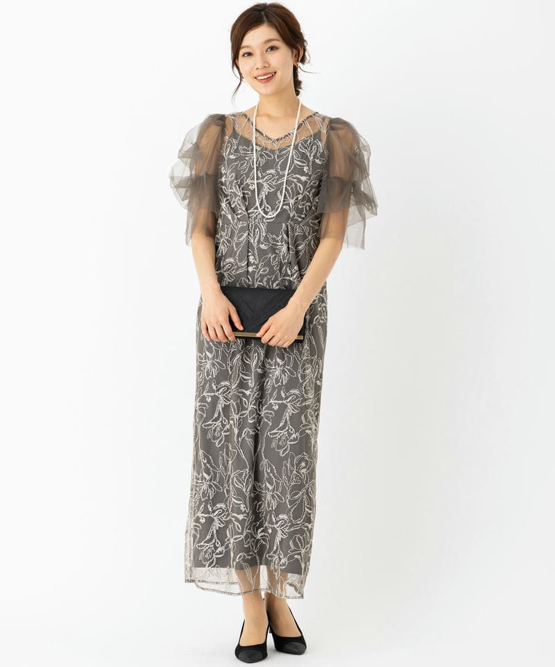 LE'RURE リルアー フラッフィースリーブペンシルドレス グレー系