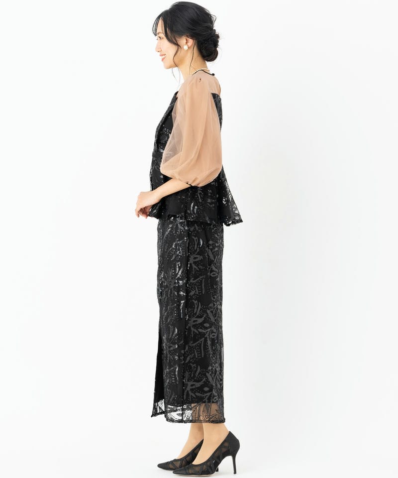 Leja レジャ シアーパフスリーブペプラムIラインドレス ブラック系