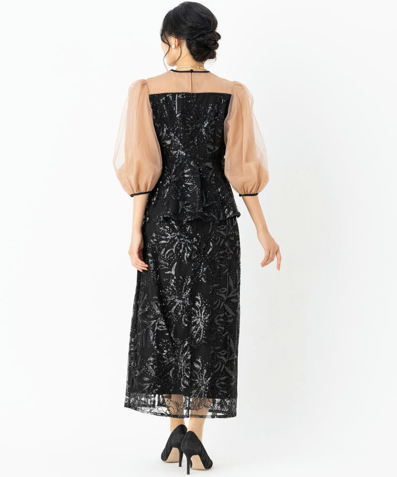 Leja レジャ シアーパフスリーブペプラムIラインドレス ブラック系