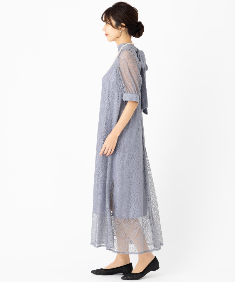 etoll. エトル インナー付きバックリボンレースドレス その他 x ブルー