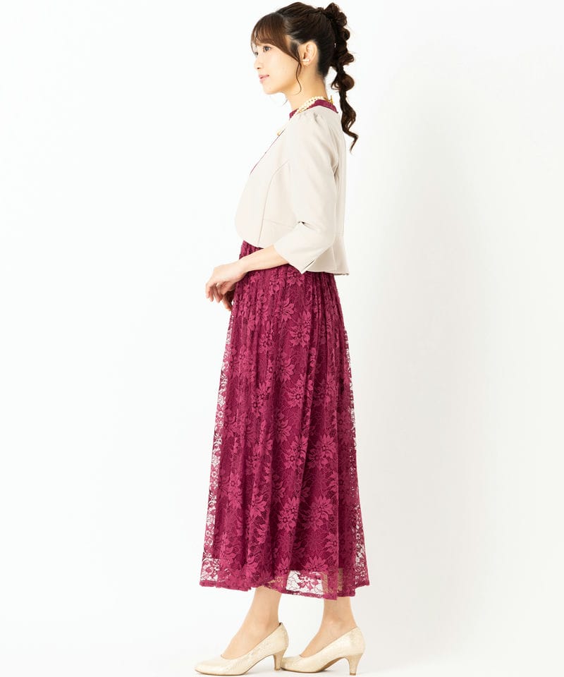 Aimer 【ドレス3点SET】プチハイネック袖付き花柄レースフィット&フレ