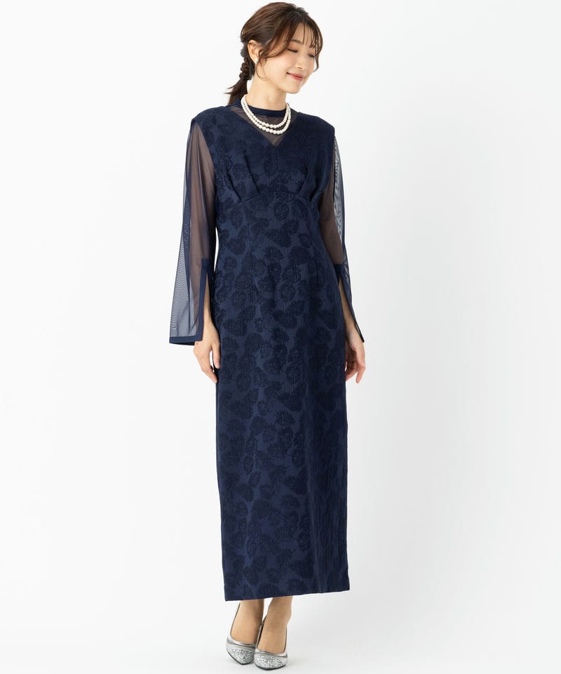 Aimer エメ チュールブラウス付Vネックジャカードタイトドレス