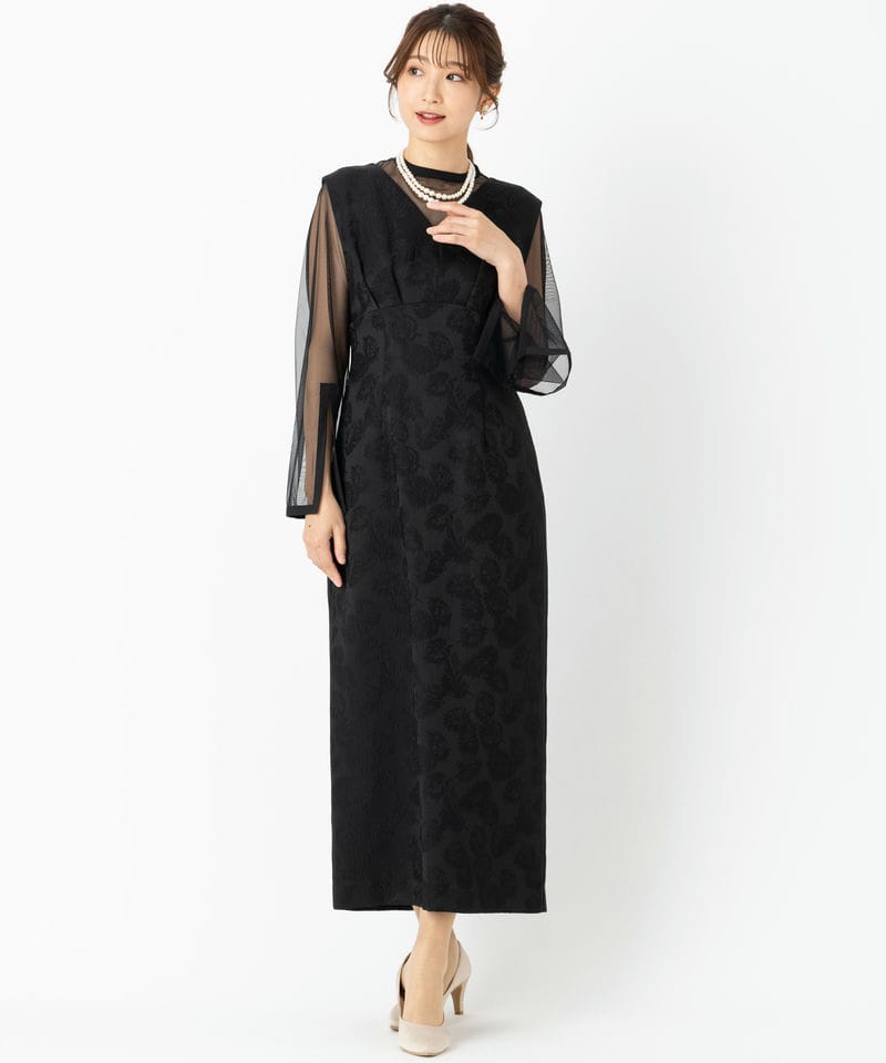 Aimer エメ チュールブラウス付Vネックジャカードタイトドレス
