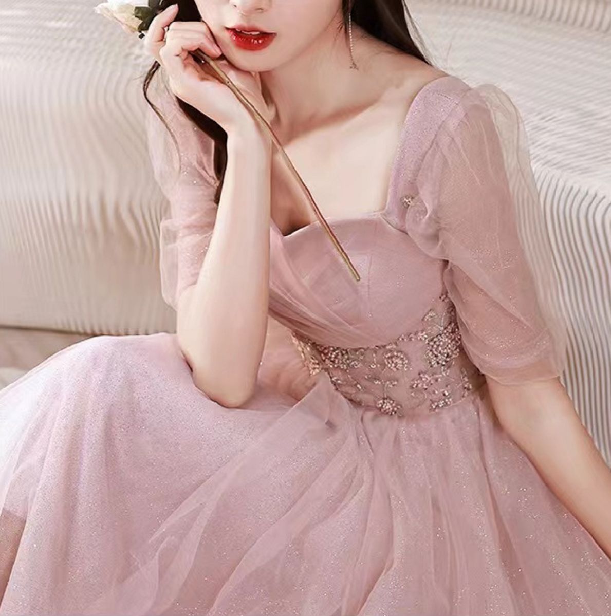 ピンク パーティー ウェディングドレス ふわふわ 大人可愛い