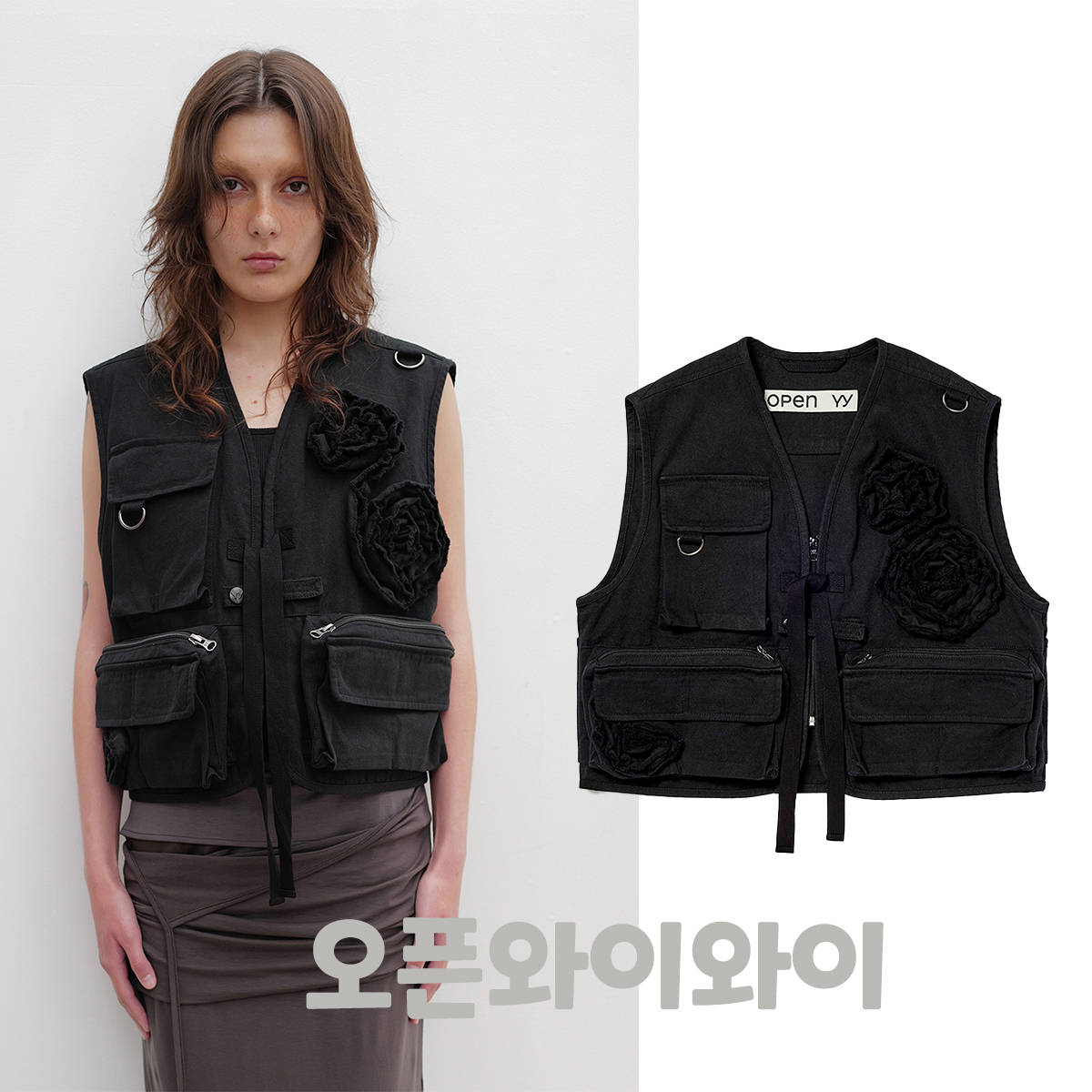 OPEN YY] / ☆ 25SS APPLIQUE CARGO VEST / BLACK (OPEN YY_TheOpen