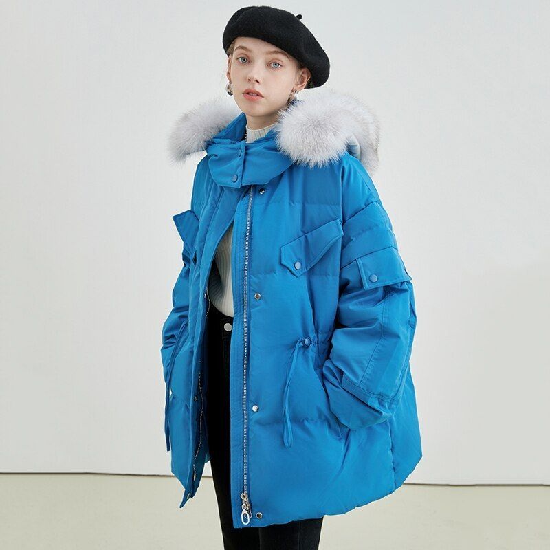 ファーフード ブルー ボリューム 中綿ブルゾン コート ホワイト