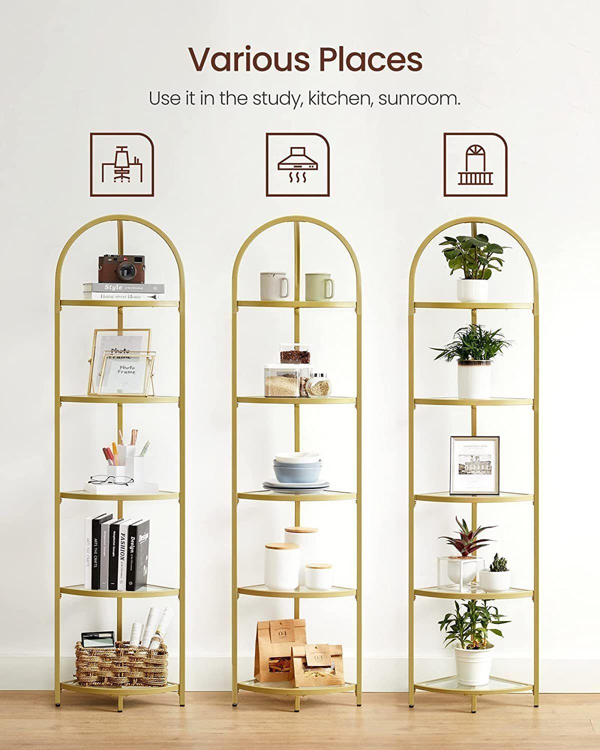 ゴールド×ガラストップ☆5段 コーナーシェルフ 収納 飾り棚 (棚
