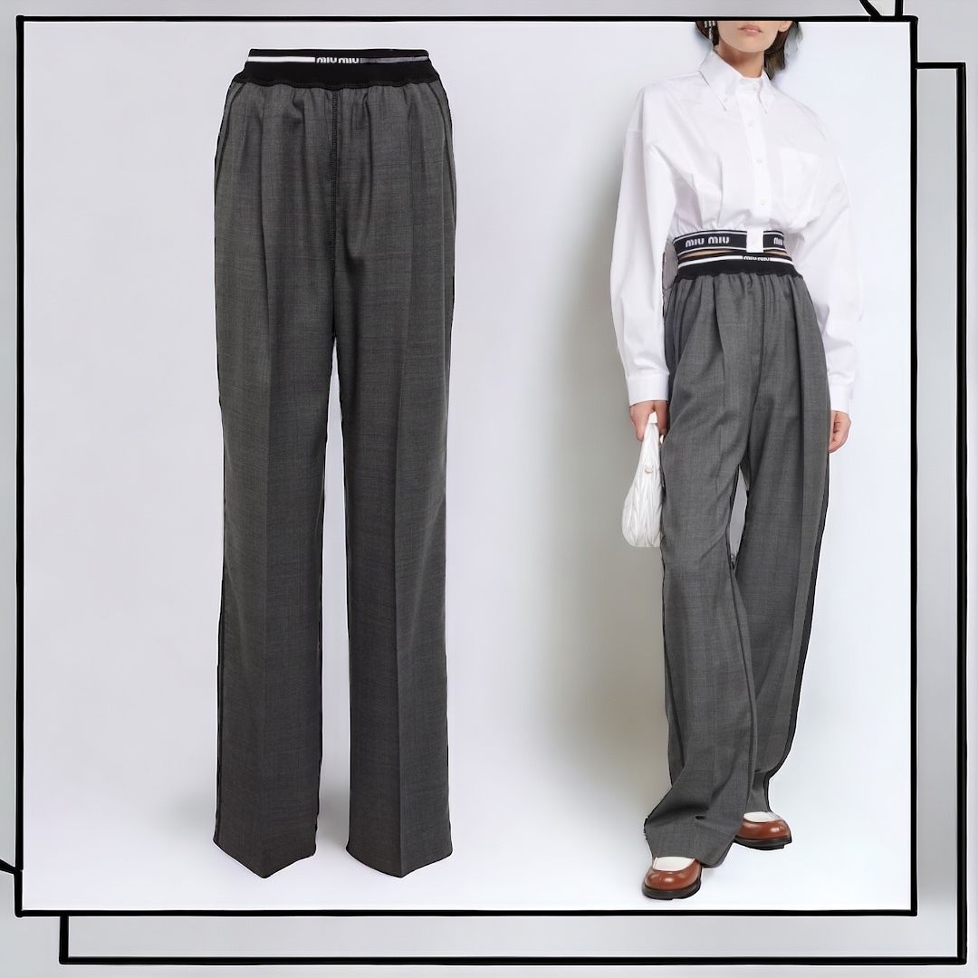 国内発】MIU MIU ロゴ ウール チェック ワイドパンツ (MiuMiu/パンツ