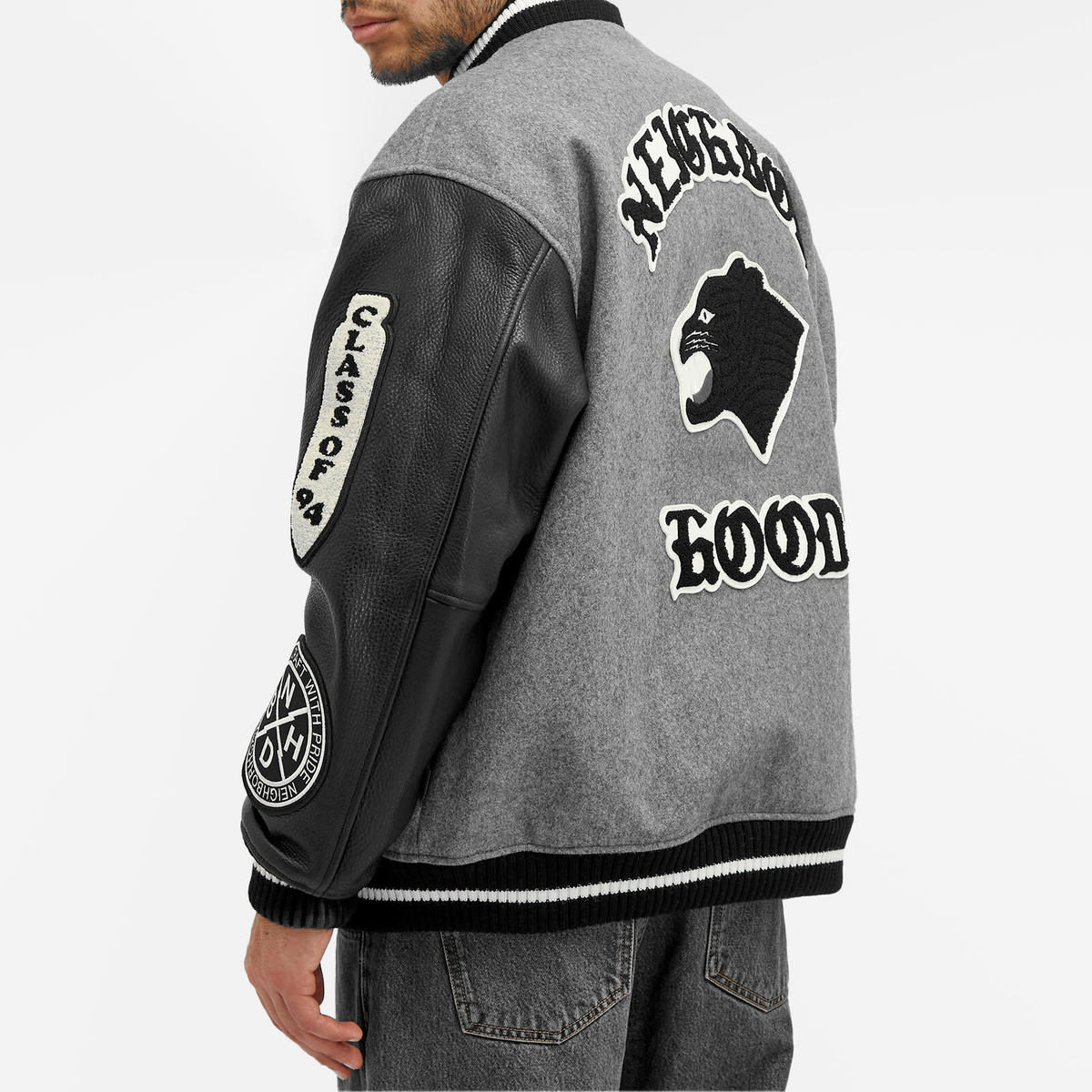 Neighborhood Men's Stadium Wool Leather Varsity Jacket in Grey