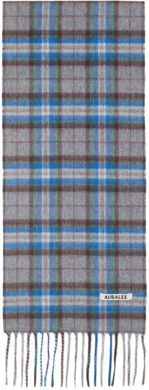 AURALEE Blue & Gray Check Scarf Auralee