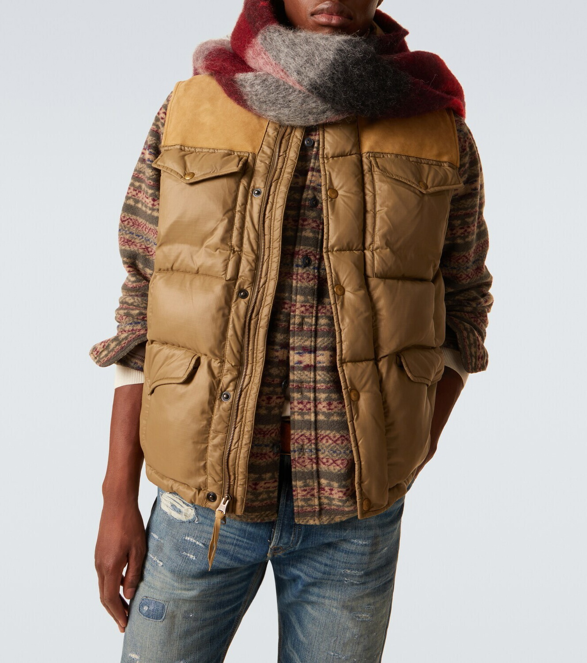 RRL Leather-trimmed ripstop puffer vest RRL