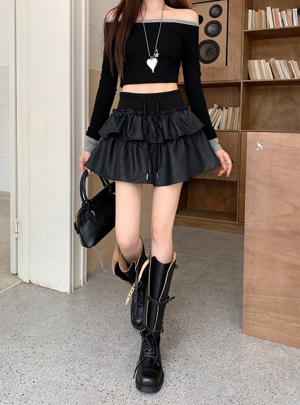 インパン裏地付きティアードレザーミニスカート[at2432] | レディース