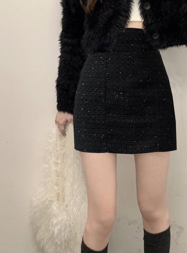 インパン裏地付きスパンコールツイードミニスカート[dk1254
