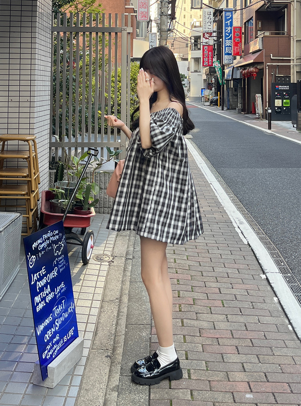 チェック柄オフショルミニワンピース[dk1436] | レディース