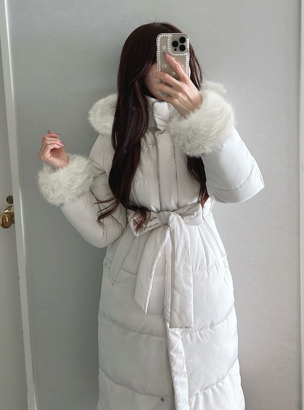 リボンベルト付きファーフードロングダウンコート[kd56] | レディース