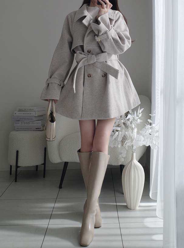 襟2Wayリボンベルト付きフェイクウールトレンチコート[kz568