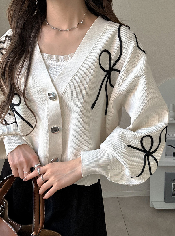 リボンライン刺繍ニットカーディガン[kz670] | レディースファッション