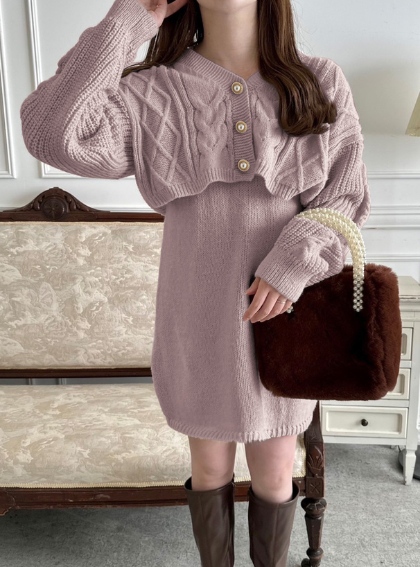 ケーブルカーディガン×ミニワンピースニットセットアップ[k9269z