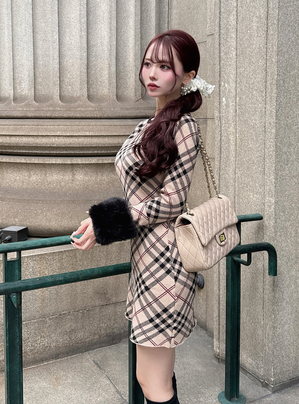 2Wayファー付きチェック柄ニットミニワンピース[ru1375] | レディース