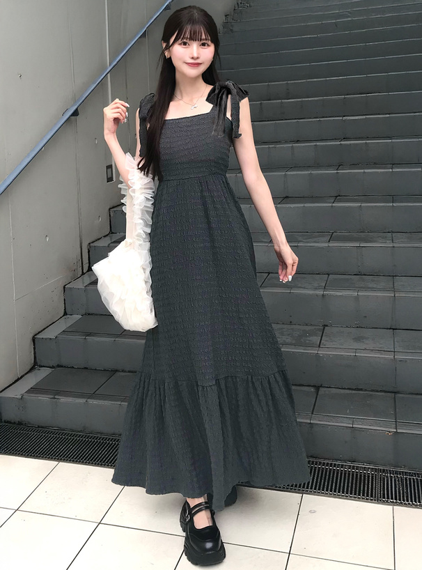 ふくれストライプリボンショルダーワンピース[tg677a] | レディース