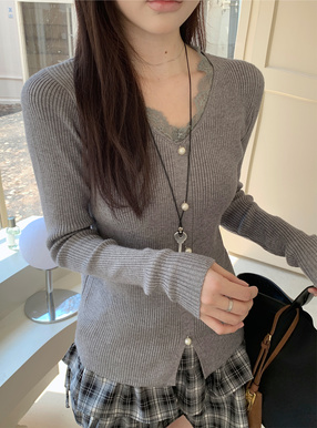 パールボタンレースリブニットトップス[sd177] | レディース