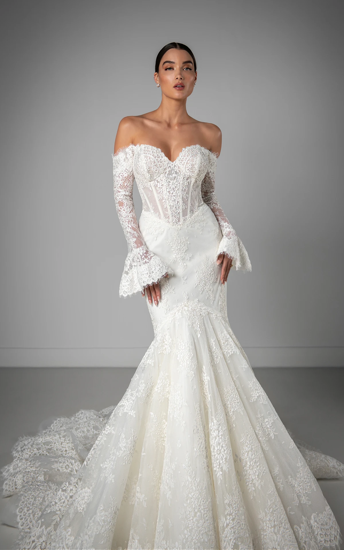 Strapless Lace Fit-and-Flare Wedding Gown with Sleeves
