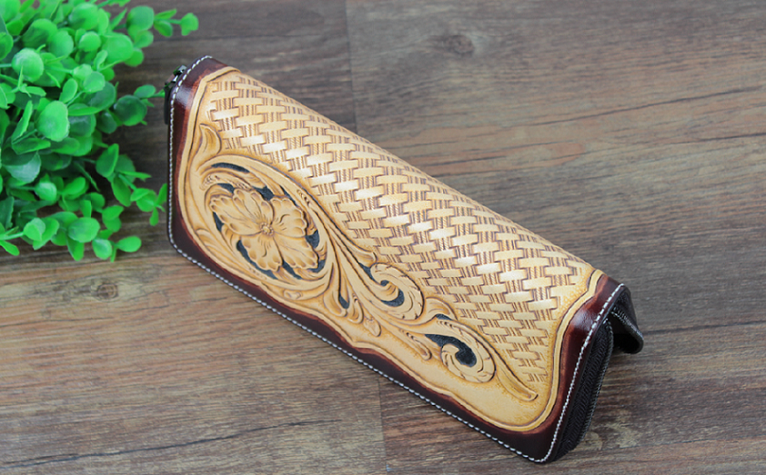 本革 花柄手彫りレザーカービングロングウォレット | iichi 日々の