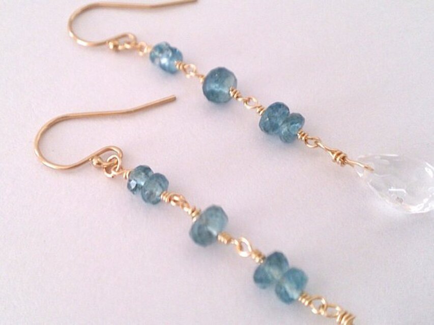 14kgf 天然石サンタマリアアクアマリンとクリスタルクォーツのピアス