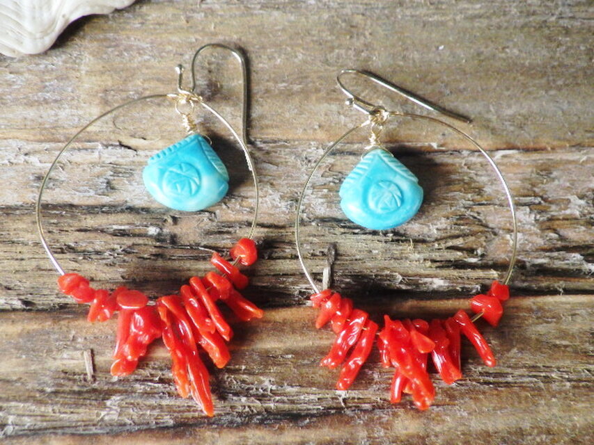 14kgf*Red Coral&Turquoise 天然赤珊瑚とターコイズのピアス | iichi
