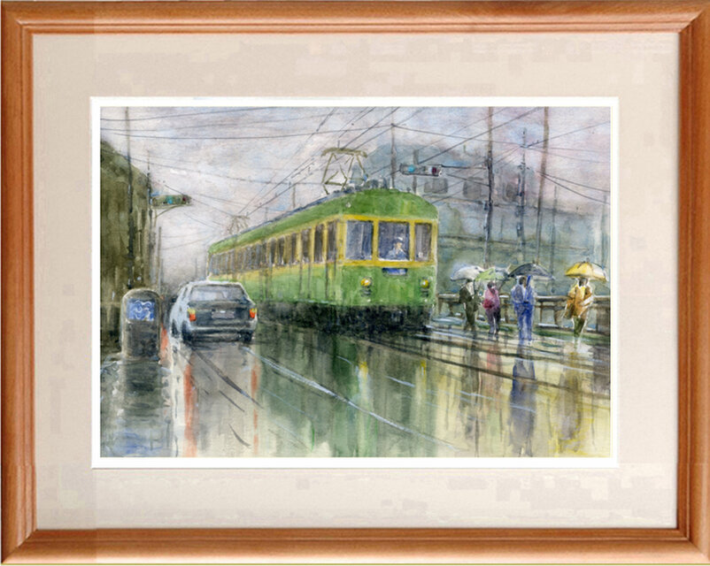 注文制作します 水彩画原画 雨の通勤電車 ＃500 | iichi 日々の暮らし