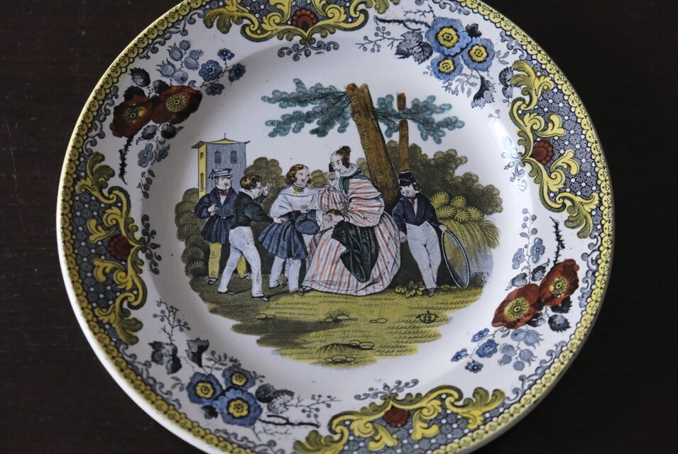 Creil クレイユ ファイアンスフィーヌ 手彩色 平皿 グリザイユ皿 φ20