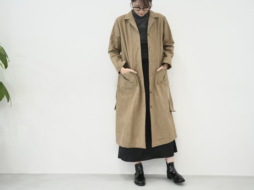 大人のための軽いナチュラルロングコート｜綿麻ウェザークロス｜カーキ