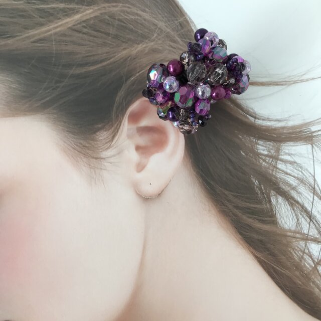 紫 色の クロッシェ シュシュ パープル かぎ針編み ビジュー ビーズ