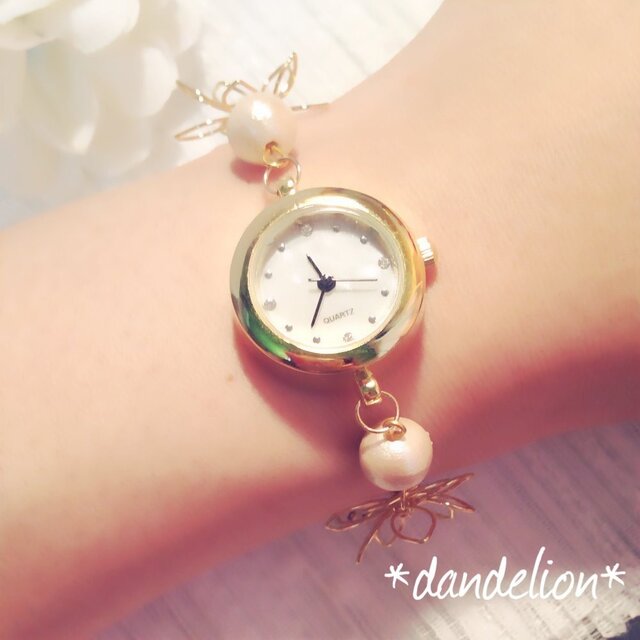 完全受注生産【再】コットンパール&フラワーブレスレットウォッチ