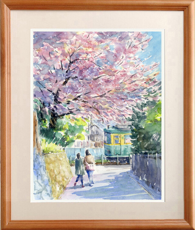 注文制作します 水彩画原画 江ノ電と桜 7 | iichi 日々の暮らしを