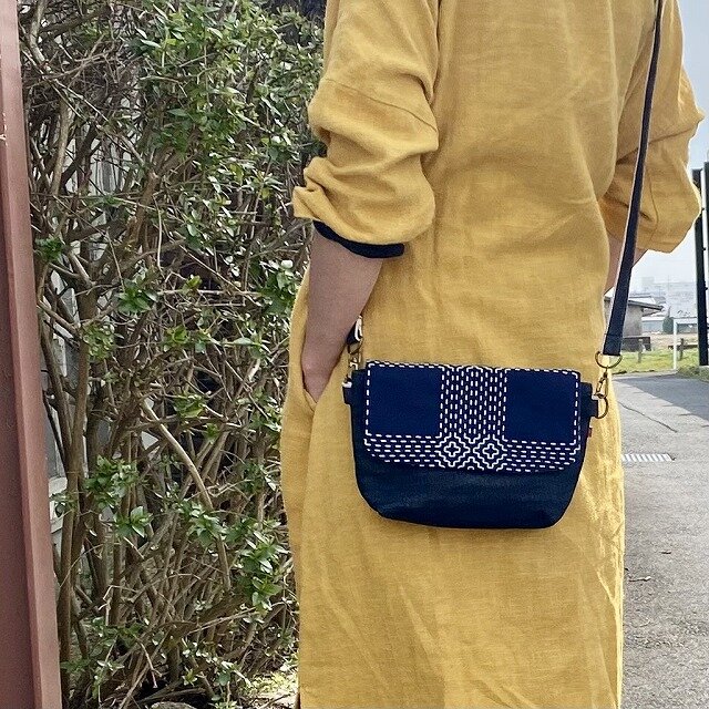 藍染め刺し子と岡山デニムのバイカラー2wayミニショルダーバッグ
