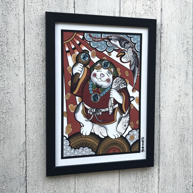 尾九 開運イラスト 大黒猫 A4サイズ フレーム付き | iichi 日々の