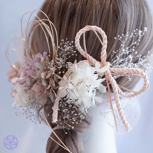 シャンパンピンク系の編み下ろしヘアアクセサリー 成人式 卒業式 結婚