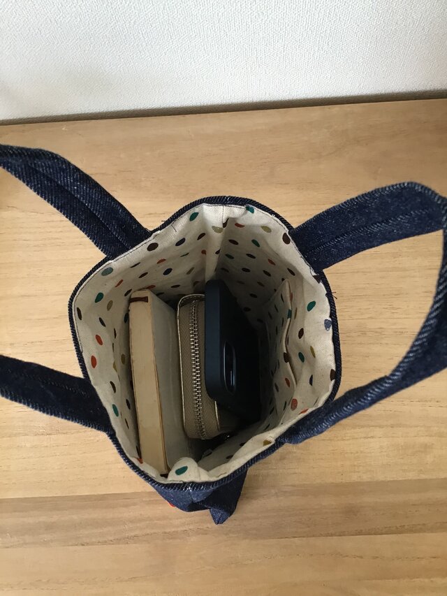 温故知新の抽斗】《着物リメイクの匣》デニムミニバッグ 着物ヨーヨー